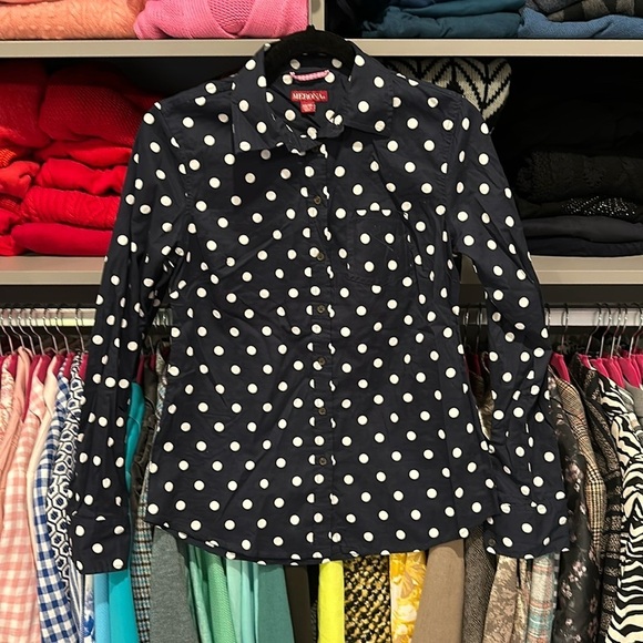 Merona navy with white polka dots button down shirt size XS - Picture 1 of 3